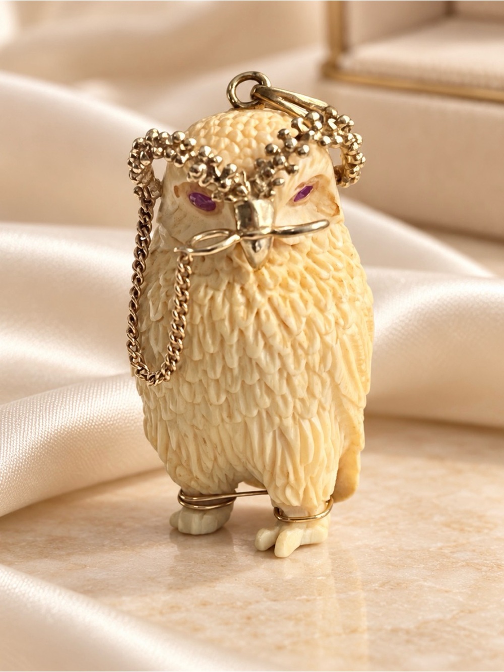 Vintage Carved Cow Bone Owl and 14K Gold Large Owl Statement Pendant